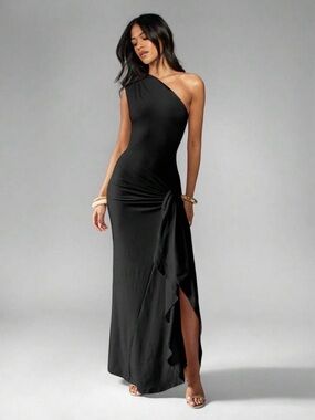 SHEIN One-Shoulder Black Maxi Dress with Side Knot